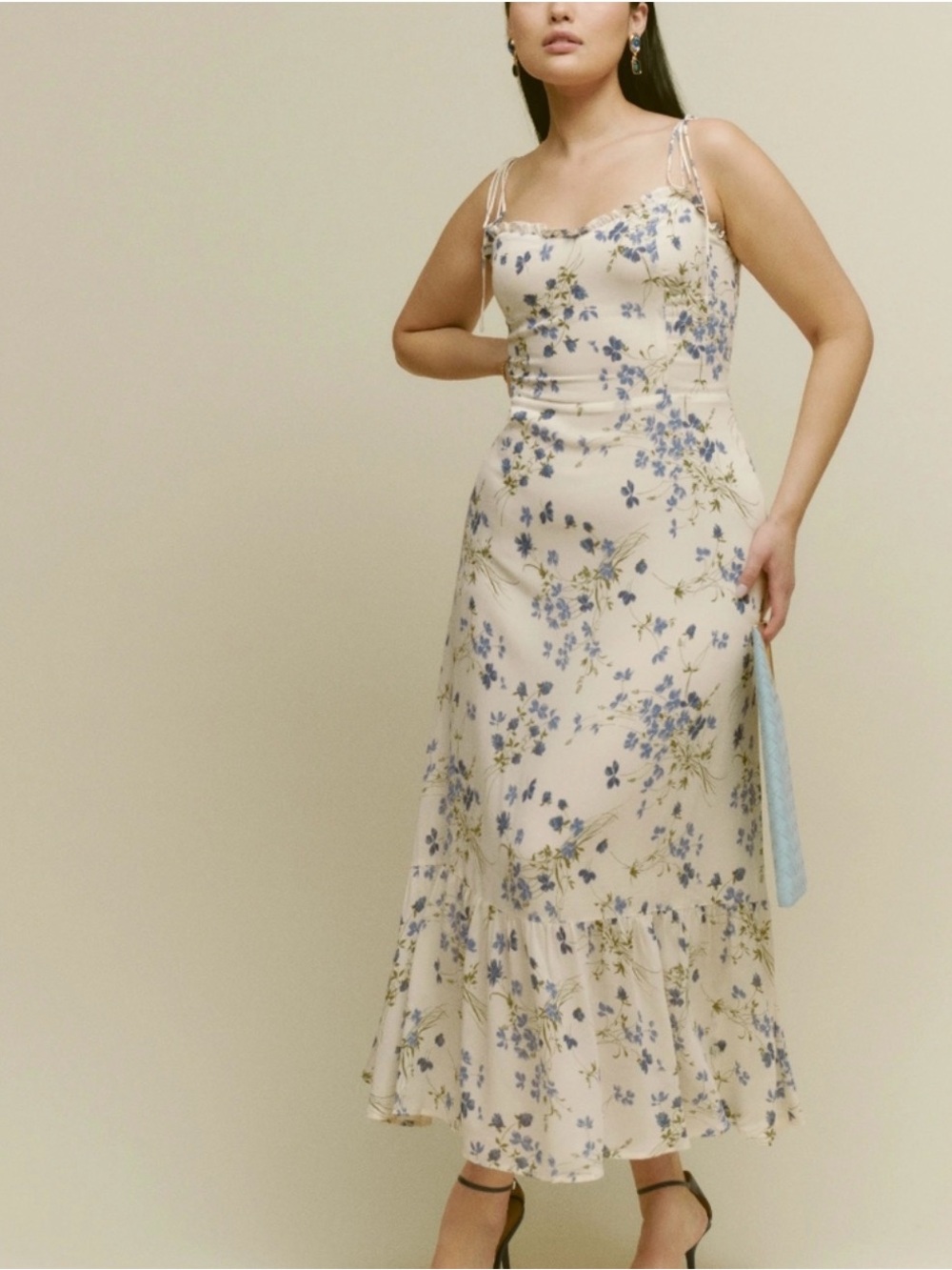 Reformation Enya Midi Dress Clarita Blue Floral Smocked Tie Strap Sweetheart 12 - Picture 12 of 12